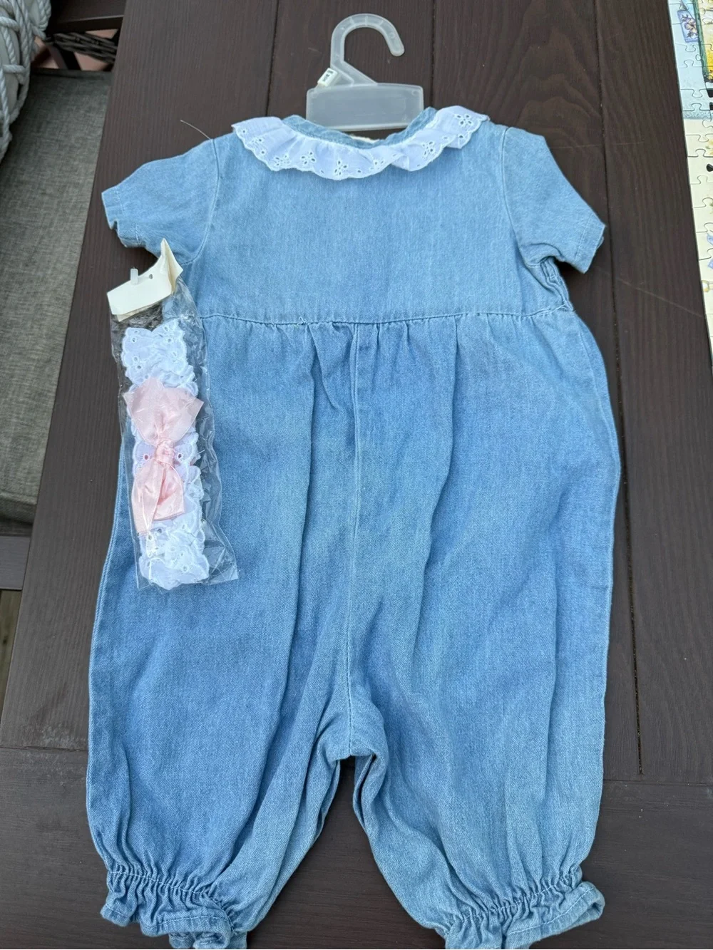 Vintage Blue Smocked Baby One-Piece Eyelet Collar hills department